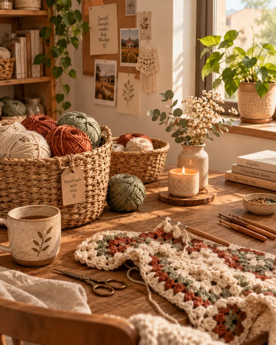 Hands crocheting a sage-green blanket at a sunny kitchen table