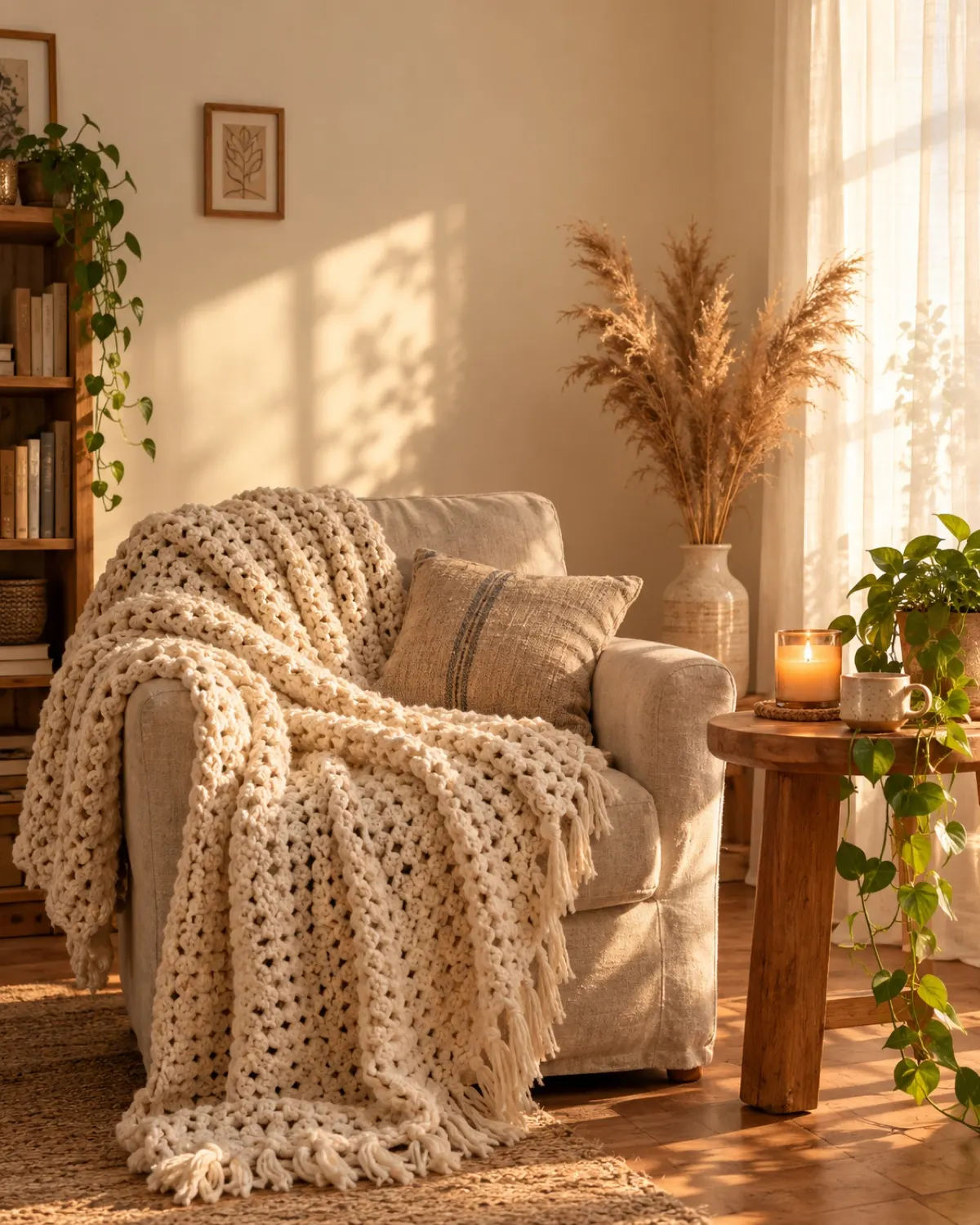 A chunky cream crochet throw draped over a wooden chair